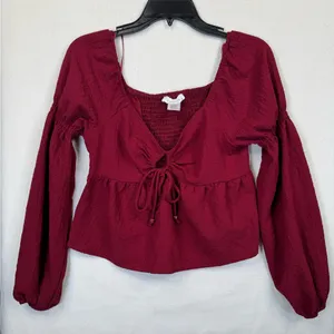 Kirious Los Angeles Blouse Womens Small Burgundy Tie-Front Peplum Long thumbnail 1
