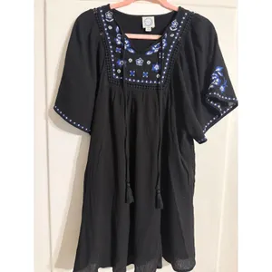 Blue Rain Black Embroidered Boho Mini Dress‎ Floral Tassel Tie Flutter Sleeve S thumbnail 5