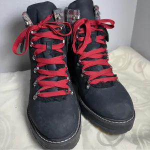 No Boundaries Black Lace-Up Boots with Red Laces and Plaid Cuff thumbnail 3