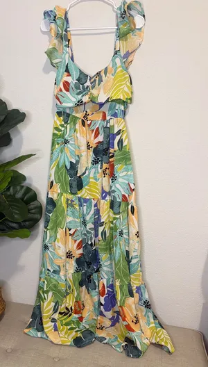 Medium ruffle sleeve Floral Tropical tiered Maxi Dress - Green Multi thumbnail 1