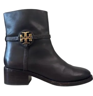 Tory Burch Miller 45mm Leather Ankle Booties Espresso Brown Gold Logo 8.5M thumbnail 1