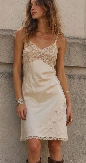 Vintage 50s 60s Charmode Sears Cream Lace Embroidered Nylon Slip Dress M USA thumbnail 1