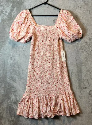 Anthropologie Another Love Pink Floral Smocked Puff Sleeve Dress Cottagecore New thumbnail 1