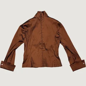 VTG 90s Tadashi Shoji Chocolate Brown Taffeta Faux Wrap Blouse Minimalist 10 thumbnail 2