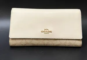 COACH Chalk/ Khaki Coated Signature Canvas Slim Trifold Wallet thumbnail 1