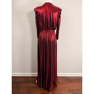 Retrofête Flora Metallic Red Lame Wrap Maxi Puff Sleeve Asymmetrical Gown Small thumbnail 7