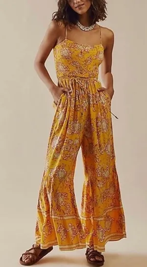Free People Women’s Little of Your Love Marigold Yellow Floral Wide Leg Jumpsuit thumbnail 1