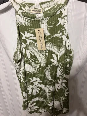 Olive Green Tropical Halter Tank with White Leaf Print Size M thumbnail 2