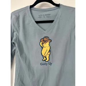 Life Is Good Shirt Women S Blue Giddy Up Bear Cowboy Western Long Sleeve Tee thumbnail 2