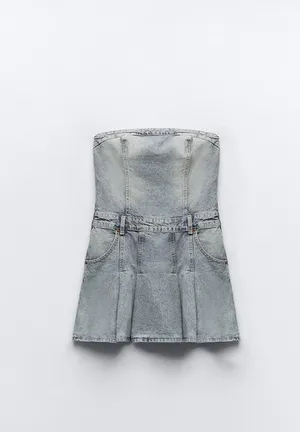 ZARA Pleated TRF Strapless Denim Mini Dress thumbnail 2