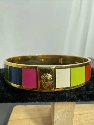 COACH Y2K Legacy Stripe Bangle 1/2" Wide Bracelet Gold Tone Multicolor 7.5" thumbnail 3
