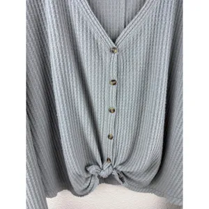 Out From Under Urban Outfitters Grey Waffle‎ Knit Button Front Long Sleeve Top M thumbnail 2