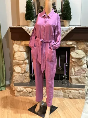 Free People Lavender-Pink Button-Front Linen Jumpsuit with Tie Belt thumbnail 6