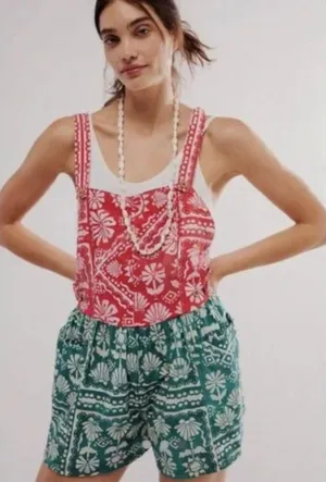 NEW Free People Women's Red Palm Bay Printed Shortalls Medium thumbnail 1