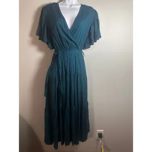 Petal +‎ Pup Barker Teal Blue Tiered Flutter Sleeve Wrap Maxi Dress Womens Small thumbnail 2