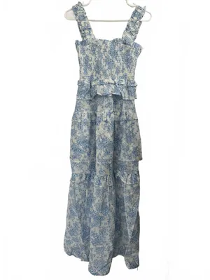 Maisie 100% Cotton Floral Smocked Ruffle Cotton Maxi Dress NWT Blue White XS thumbnail 5