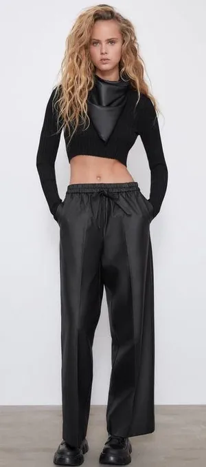 Zara Black High Waisted Waxed Effect Wide Leg Pant thumbnail 1
