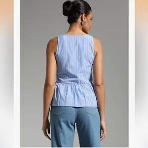 Amazon Blue Pinstripe Tie Front Peplum Top Size M Babydoll Blouse Cottagecore Summer thumbnail 2