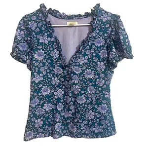 Maeve By Anthropologie Women's Ruffle Puff Sleeve V-Neck Henley Tee Blouse Large thumbnail 5