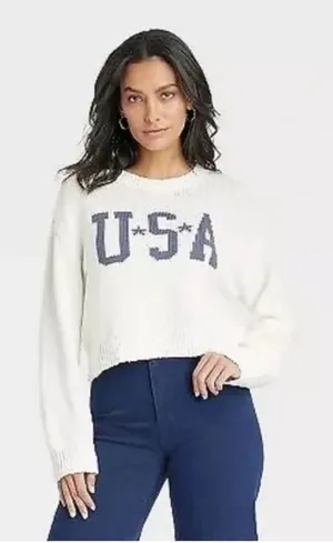 NEW Grayson Threads USA Graphic‎ Sweater Off White Cropped Crop Knit XXL thumbnail 1