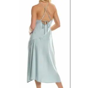 ASTR The Label Light Blue Satin‎ Cowl Neck Midi Slip Dress L Cross Back Slit thumbnail 2