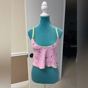 Out From Under Urban Outfitters‎ Pink Mesh Fruit Embroidered Cropped Tank Size M thumbnail 2