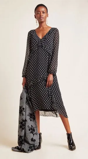 Anthropologie Maeve Sirena Polka Dot Ruffled Tunic Midi Dress in Black & White thumbnail 1