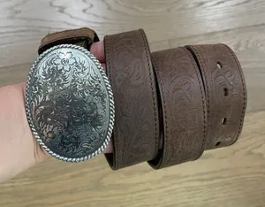 Nocona Western Brown Leather Belt With Silver Floral Buckle thumbnail 1