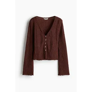 HM Womens Textured Crinkle Cardigan Top Brown Gold Button V-Neck Large 1283685-1 thumbnail 2