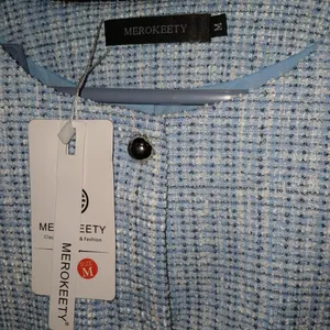 MEROKEETY Women's Textured Blazer‎ Jacket Light Blue Button Front Size M thumbnail 3