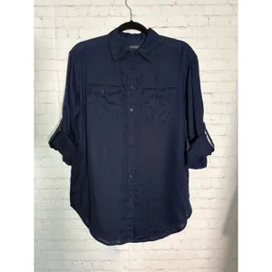 Lauren Ralph Lauren Navy Blue 100% Linen Roll-Tab Button Down Shirt‎ SP thumbnail 5