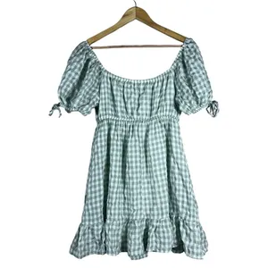 Thirty Thirty LA Gingham Puff Sleeve Ruffle Mini Dress Green Cottagecore Size L thumbnail 4