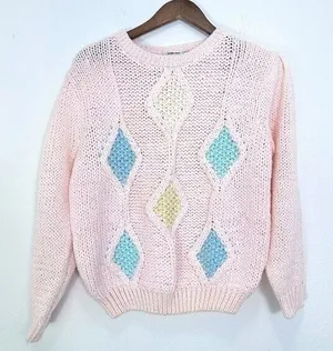 Vintage Pastel Hand Knit Pink Grannycore Cottagecore Argyle‎ Crewneck Sweater thumbnail 1