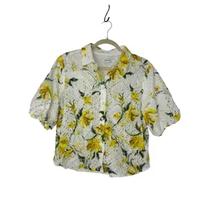 Chico’s Floral Eyelet Button-Front Puff Sleeve Blouse White Yellow Size 1 (US 8) thumbnail 3
