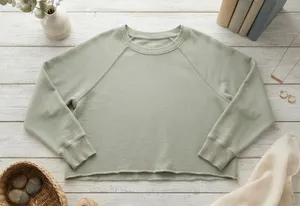 Aerie Womens Raglan Sleeve Cropped Sweatshirt Light Gray Olive Green Small‎ thumbnail 1
