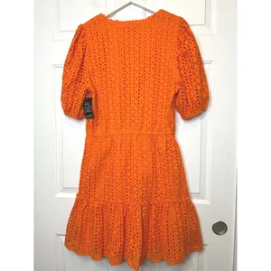 Boston Proper NWT Eyelet‎ Mini Dress Large Orange New Puff Sleeve Tiered thumbnail 3