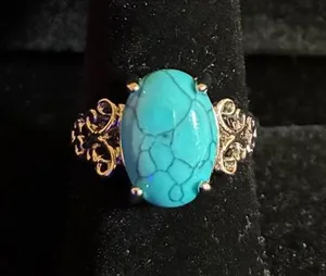 Large Oval Blue Faux Turquoise Cocktail Ring, Size 9.25 thumbnail 1
