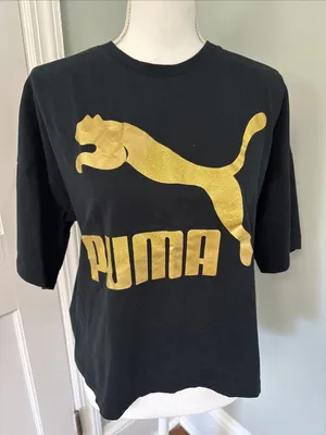 PUMA Womens Glam Cotton Relaxed Metallic Logo‎ T-Shirt S Cropped Oversized thumbnail 1