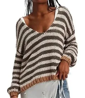 Free People Portland‎ Pullover Olive Striped Chunky Knit V-Neck Sweater Large thumbnail 1