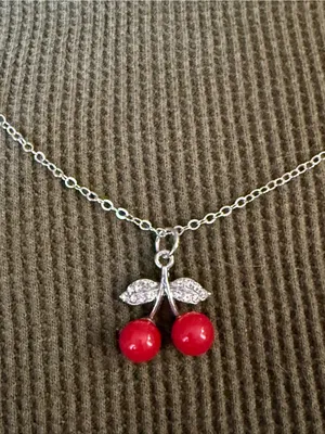 Silver Chain Necklace with Red Cherry Pendant thumbnail 2