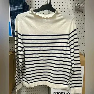 NWT J.Crew Factory Women's Striped Ruffleneck Sweater Cream L thumbnail 5