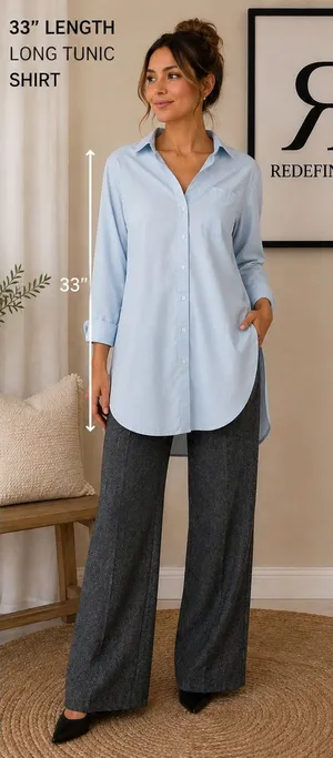 Crown & Ivy Womens Blue Cotton Tunic Shirt Long Sleeve Button Down Size M 33in thumbnail 1