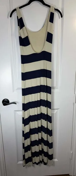 PinkBlush Navy Blue & Beige Striped Sleeveless Low Back Knit Maxi Dress thumbnail 3