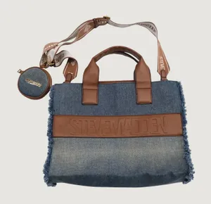 Steve Madden Tote Bag Women Blue Denim Frayed Log Large Satchel thumbnail 1