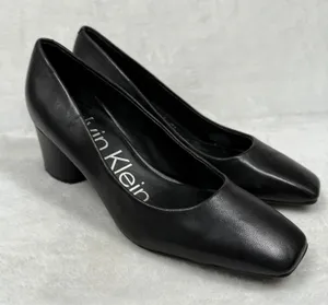 Calvin Klein Kcalanta2 Black Leather Square Toe Block Heel Pumps Women's Size 6M thumbnail 1