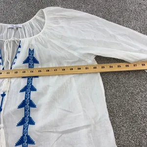 Parker NY Woman's M White Blue Embroidered Tassel Tie Neck Cotton Tunic Top Boho thumbnail 7