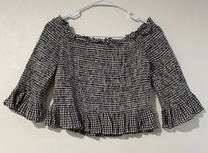 American Eagle Black & White Gingham Smocked Off Shoulder Crop Top Size M thumbnail 1