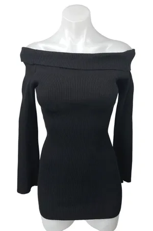 Tiger Mist Black Rib Knit Off Shoulder Long Sleeve Mini Bodycon Sweater Dress S thumbnail 1