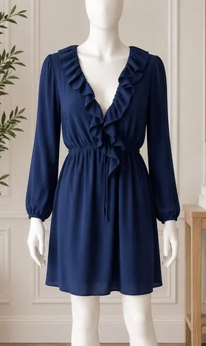 Revolve Navy Ruffle V-Neck Long Sleeve Mini Dress Wedding Guest S NWT thumbnail 1