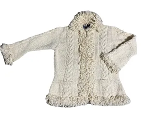 Ecuadorian Handknit Women's Chunky Wool‎ Sweater Jacket Full Zip Boho Size L thumbnail 1